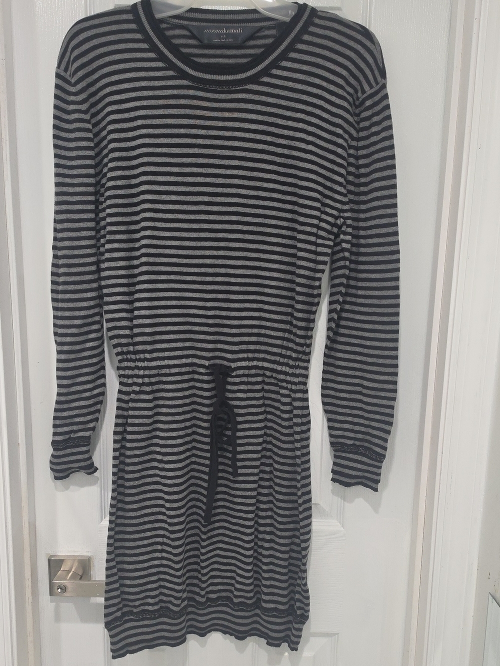 Norma Kamali Gray & Black Striped Long Sleeve Drawstring Waist Dress